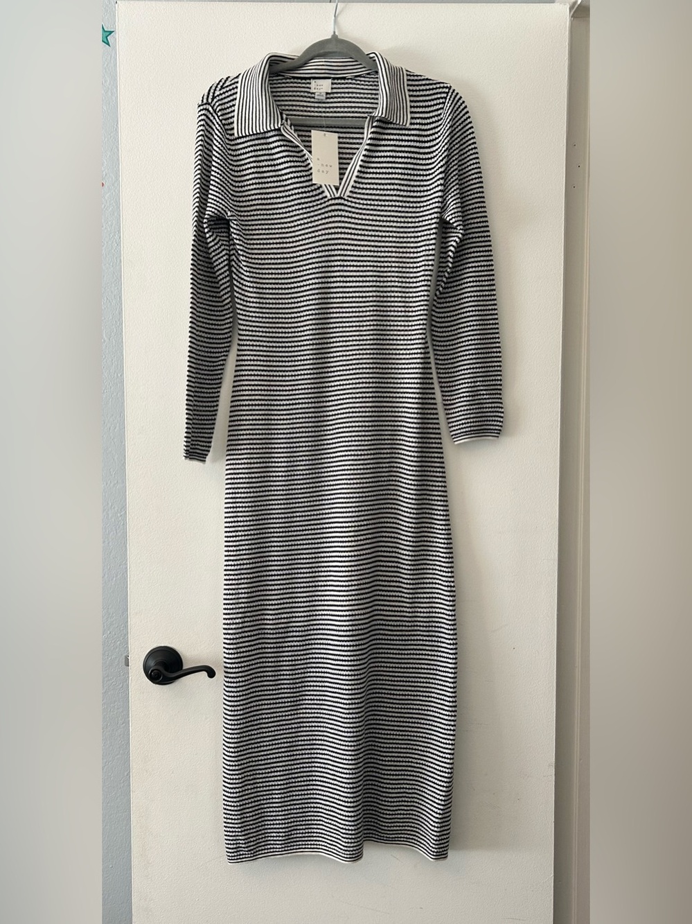 a new day Black and White Striped V-Neck Long Sleeve Knit Midi Dress